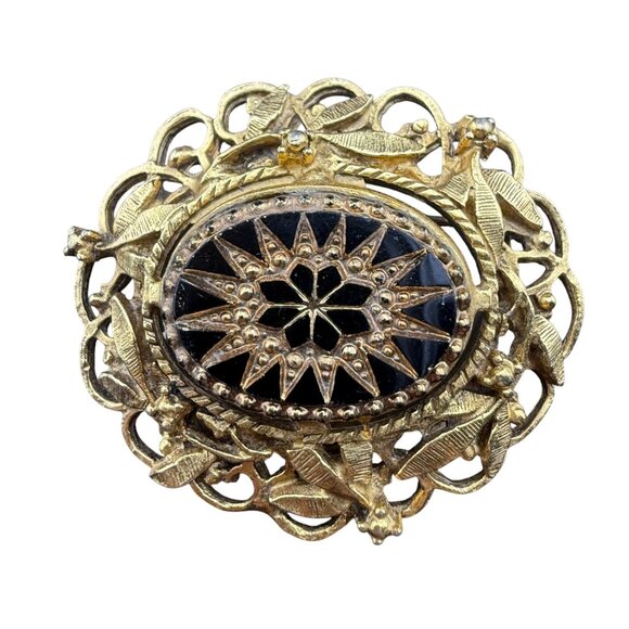 Vintage Gold-Tone Filigree Starburst Brooch Ornate Black Centerpiece Decorative‎ - Picture 1 of 6